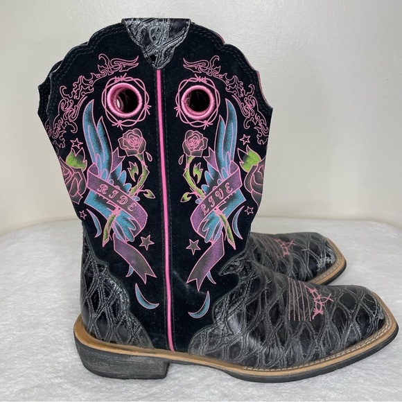 Ariat Rodeobaby Rocker Cowboy Boots Leather Suede Floral Black Pink Size 9 - Picture 6 of 14